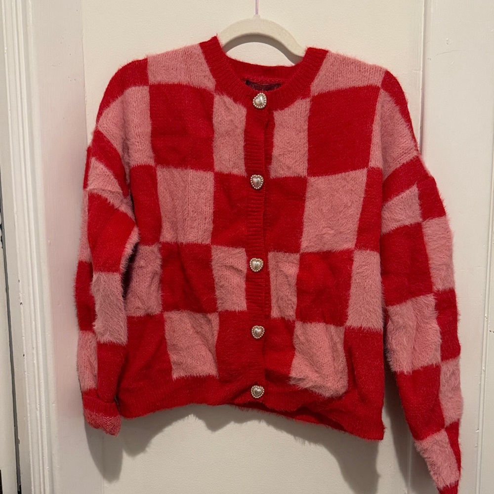 4SI3NNA Red and Pink Checkered Cardigan